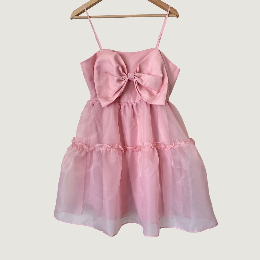 SHEIN MOD Pink Organza Bow Mini Dress Tiered Ruffle Smocked Back NWT L Feminine - Picture 1 of 4